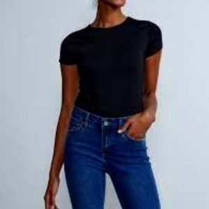 NEW YORK & COMPANY 2X O'Neck Black Bodysuit Tummy Control Thong With Snap Bottom